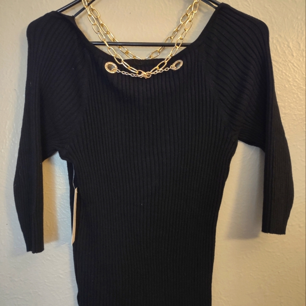 Venus Ribbed Sweater with Gold Chain Rhinestone Embellishments. - Picture 2 of 7